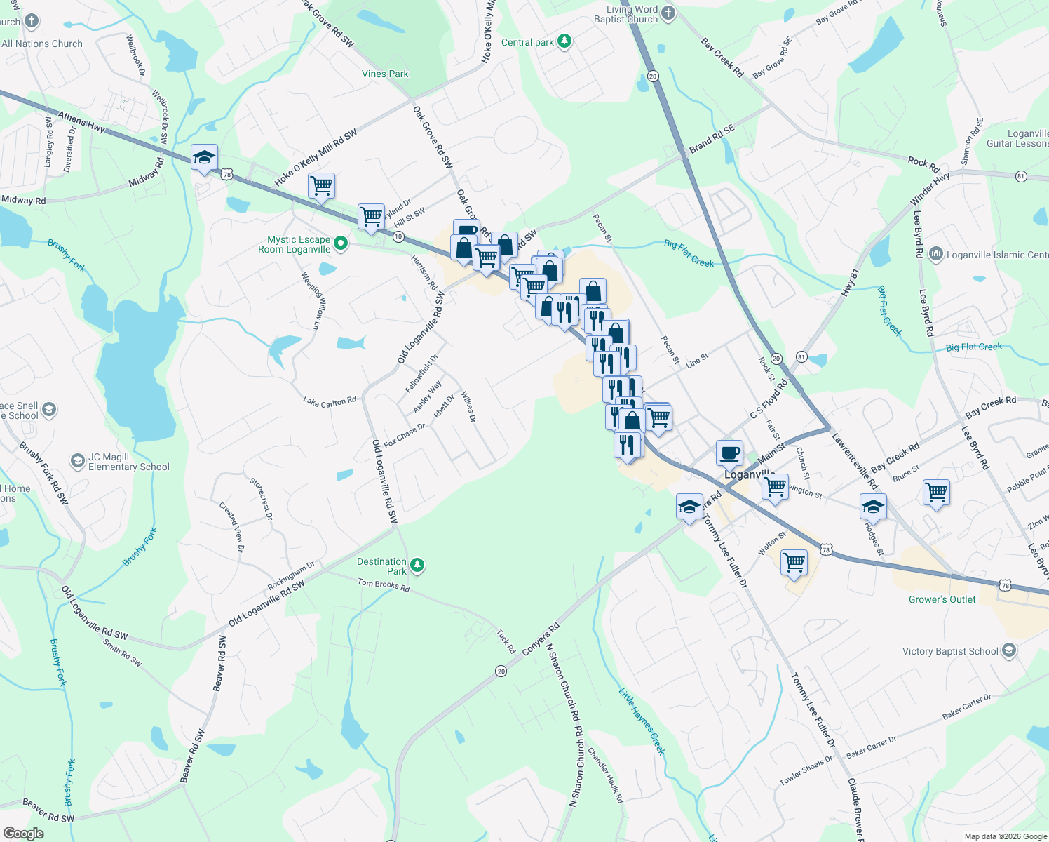 map of restaurants, bars, coffee shops, grocery stores, and more near 4150 Alexis Court in Loganville