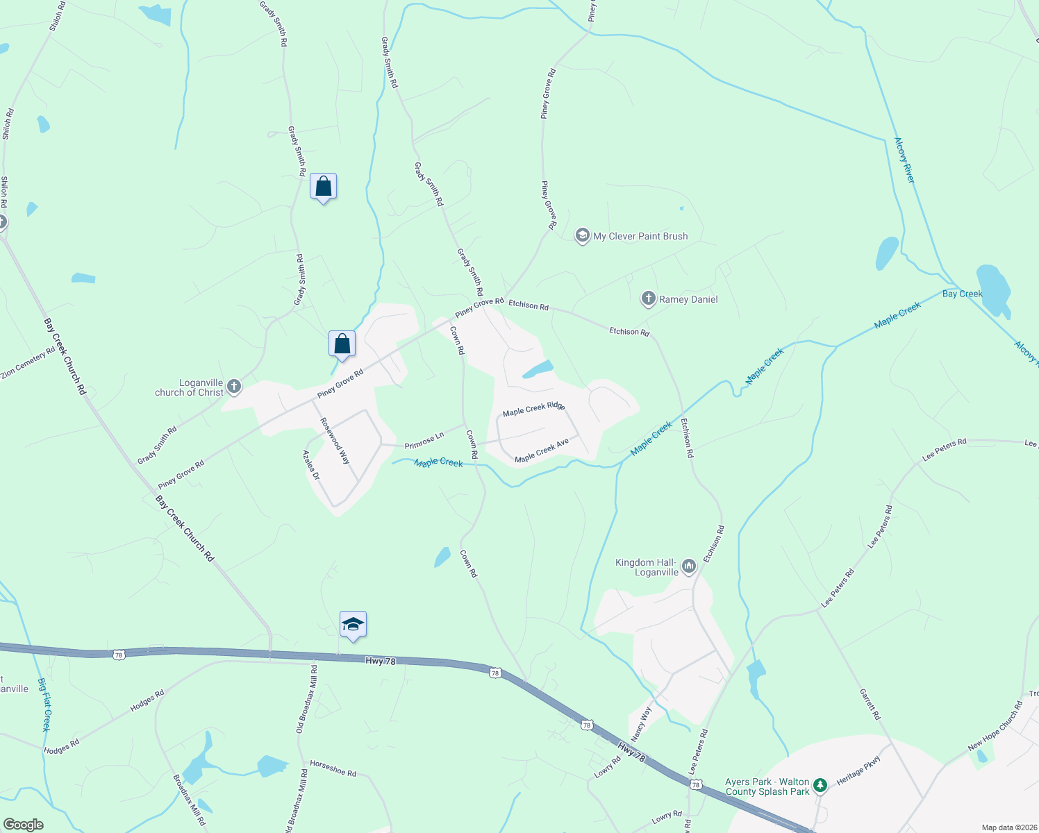 map of restaurants, bars, coffee shops, grocery stores, and more near 1115 Maple Creek Ridge in Loganville