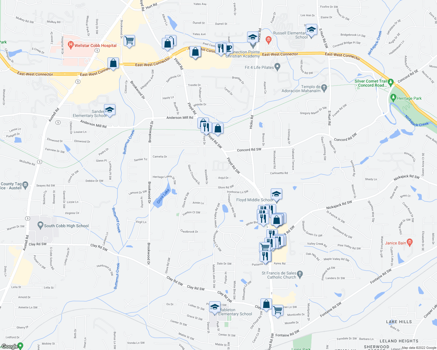 map of restaurants, bars, coffee shops, grocery stores, and more near 988 Anjul Drive in Mableton