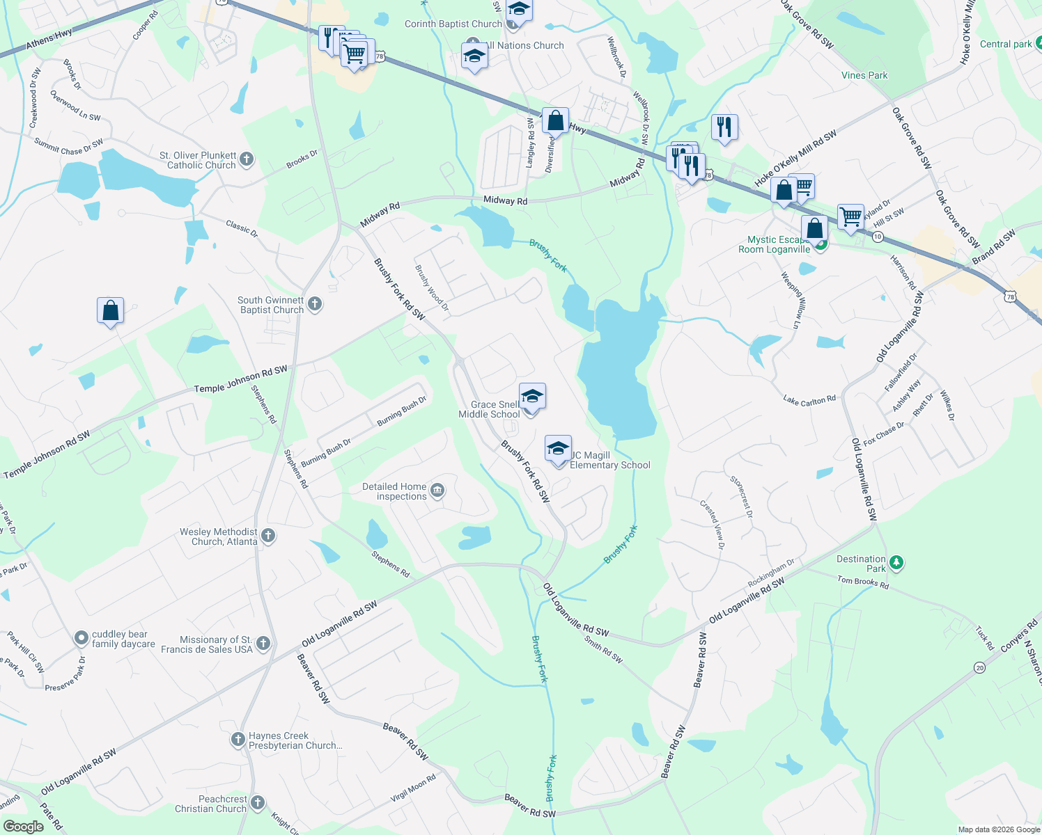map of restaurants, bars, coffee shops, grocery stores, and more near 300 Brushy Fork Road Southwest in Loganville