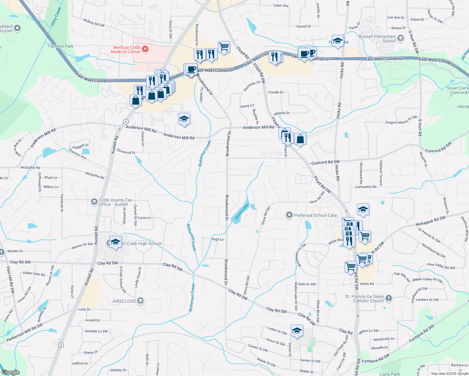 map of restaurants, bars, coffee shops, grocery stores, and more near 1278 Heritage Lakes Drive Southwest in Mableton