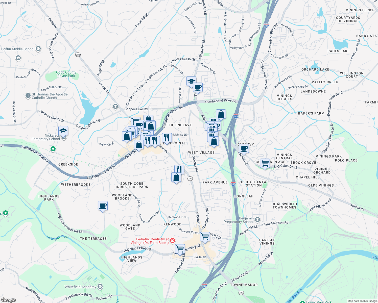 map of restaurants, bars, coffee shops, grocery stores, and more near 1973 West Village Point in Smyrna