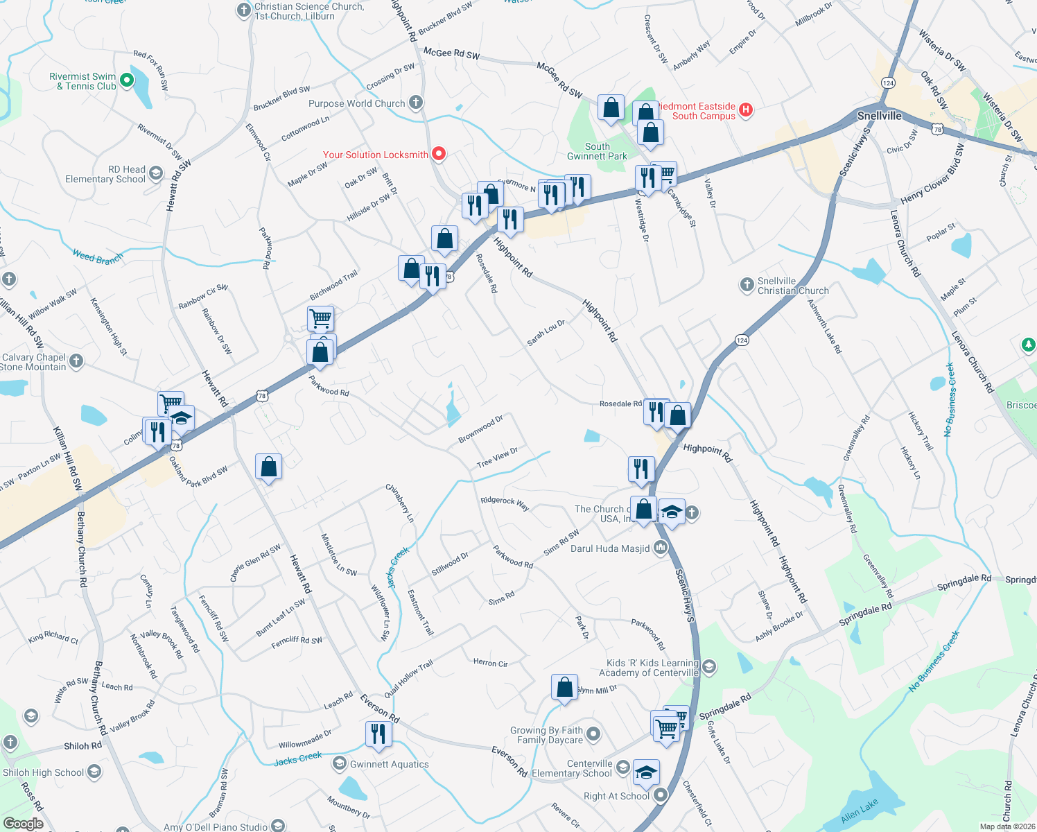 map of restaurants, bars, coffee shops, grocery stores, and more near 3265 Brownwood Drive in Snellville