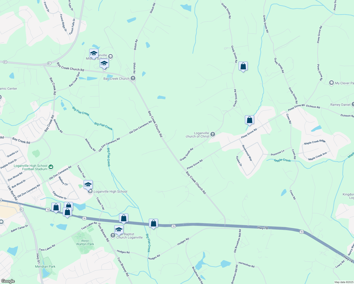 map of restaurants, bars, coffee shops, grocery stores, and more near 3769 Bay Creek Church Road in Loganville