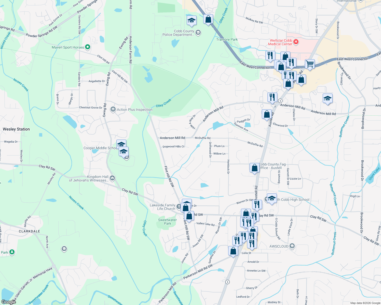 map of restaurants, bars, coffee shops, grocery stores, and more near 2375 Wales Dr in Austell