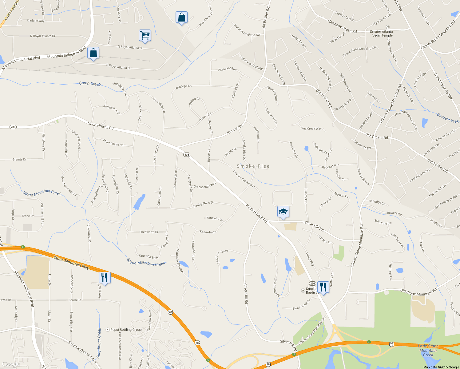 map of restaurants, bars, coffee shops, grocery stores, and more near 5436 Hugh Howell Rd in Stone Mountain