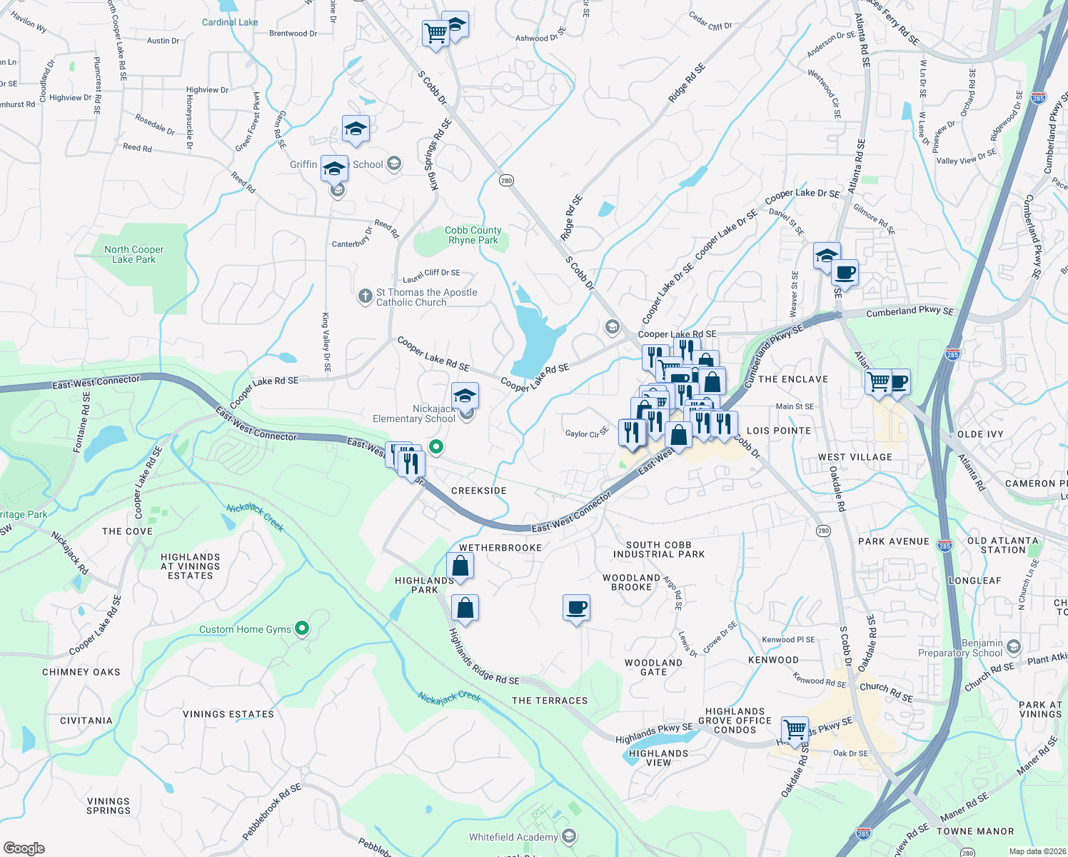 map of restaurants, bars, coffee shops, grocery stores, and more near 5170 Laurel Bridge Ct SE in Smyrna