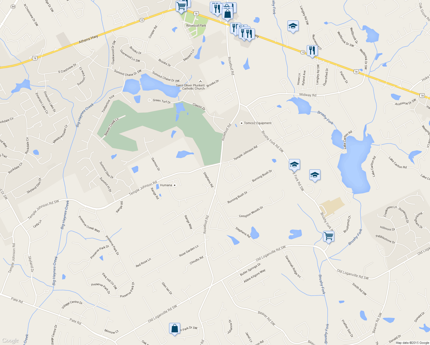 map of restaurants, bars, coffee shops, grocery stores, and more near 3521 Rosebud Rd in Loganville