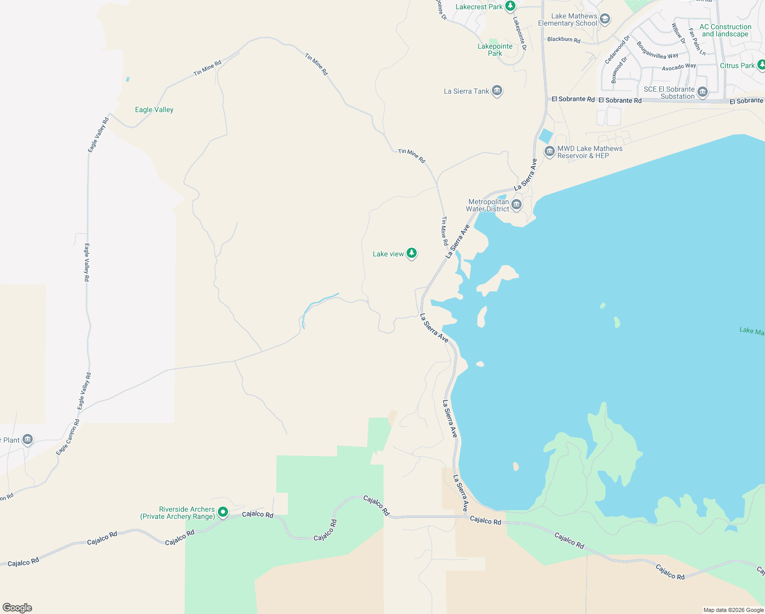 map of restaurants, bars, coffee shops, grocery stores, and more near Tin Mine Road in Riverside