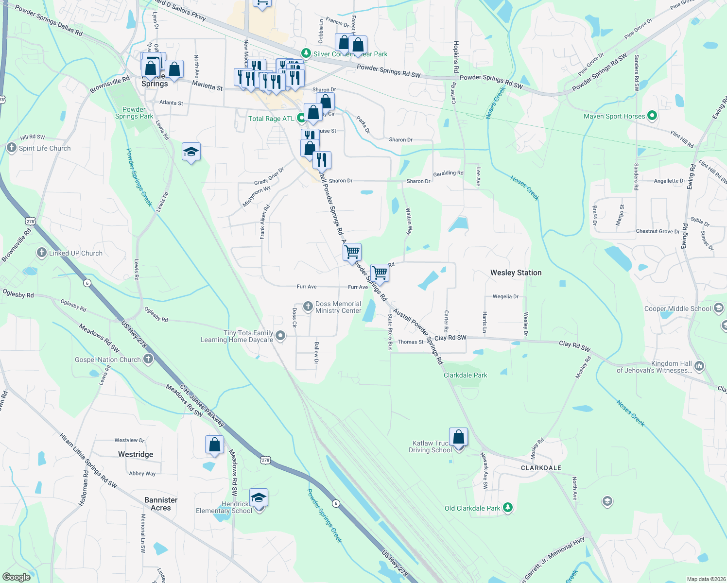 map of restaurants, bars, coffee shops, grocery stores, and more near 3825 Furr Avenue in Powder Springs