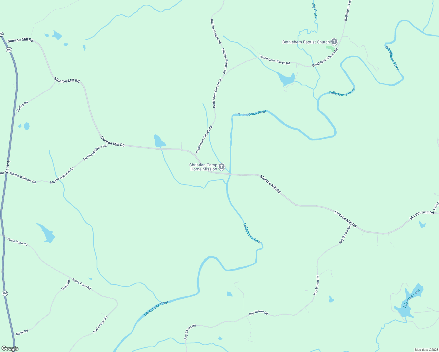 map of restaurants, bars, coffee shops, grocery stores, and more near 1277 Monroe Mill Road in Buchanan