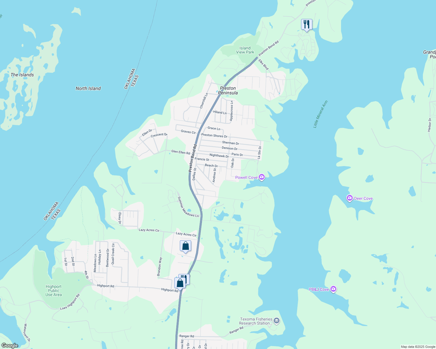 map of restaurants, bars, coffee shops, grocery stores, and more near 77 Little Ole Trail in Pottsboro