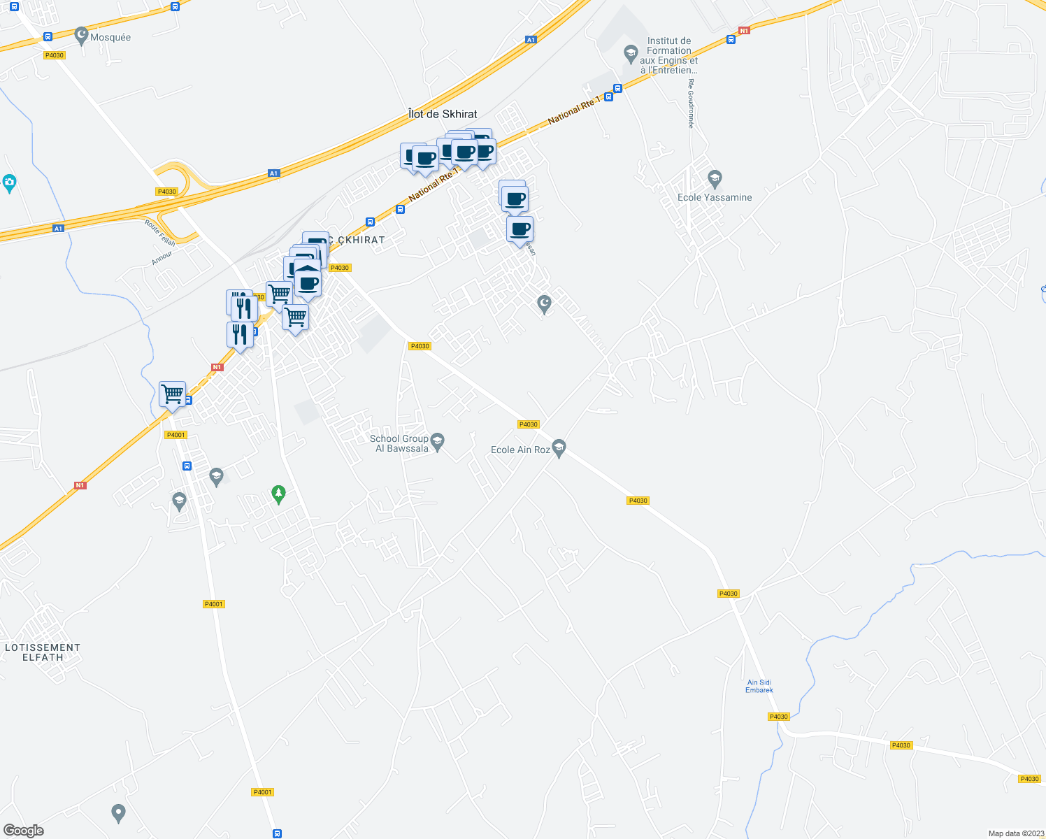 map of restaurants, bars, coffee shops, grocery stores, and more near P4030 in Skhirat