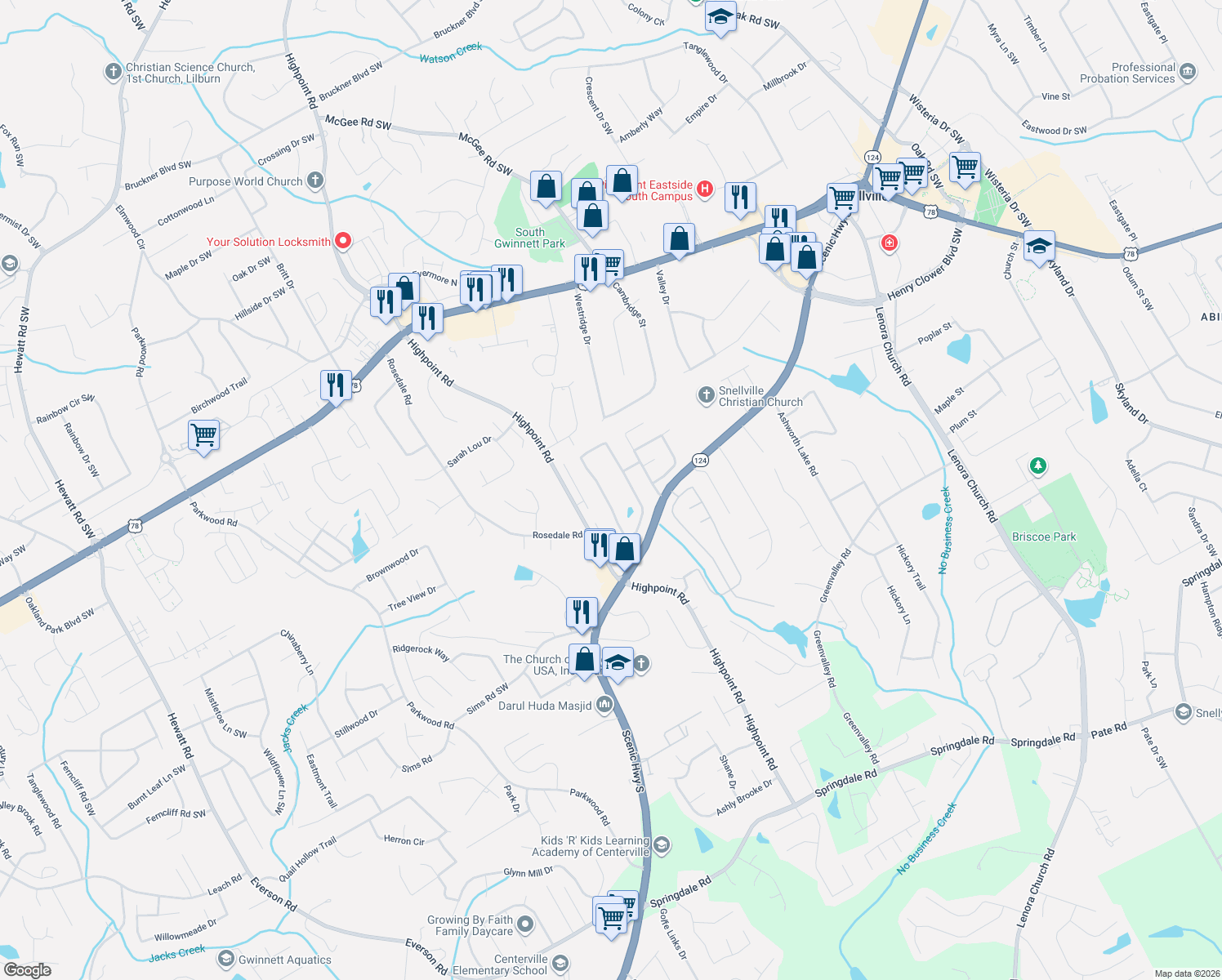 map of restaurants, bars, coffee shops, grocery stores, and more near 2370 Bankston Cir in Snellville