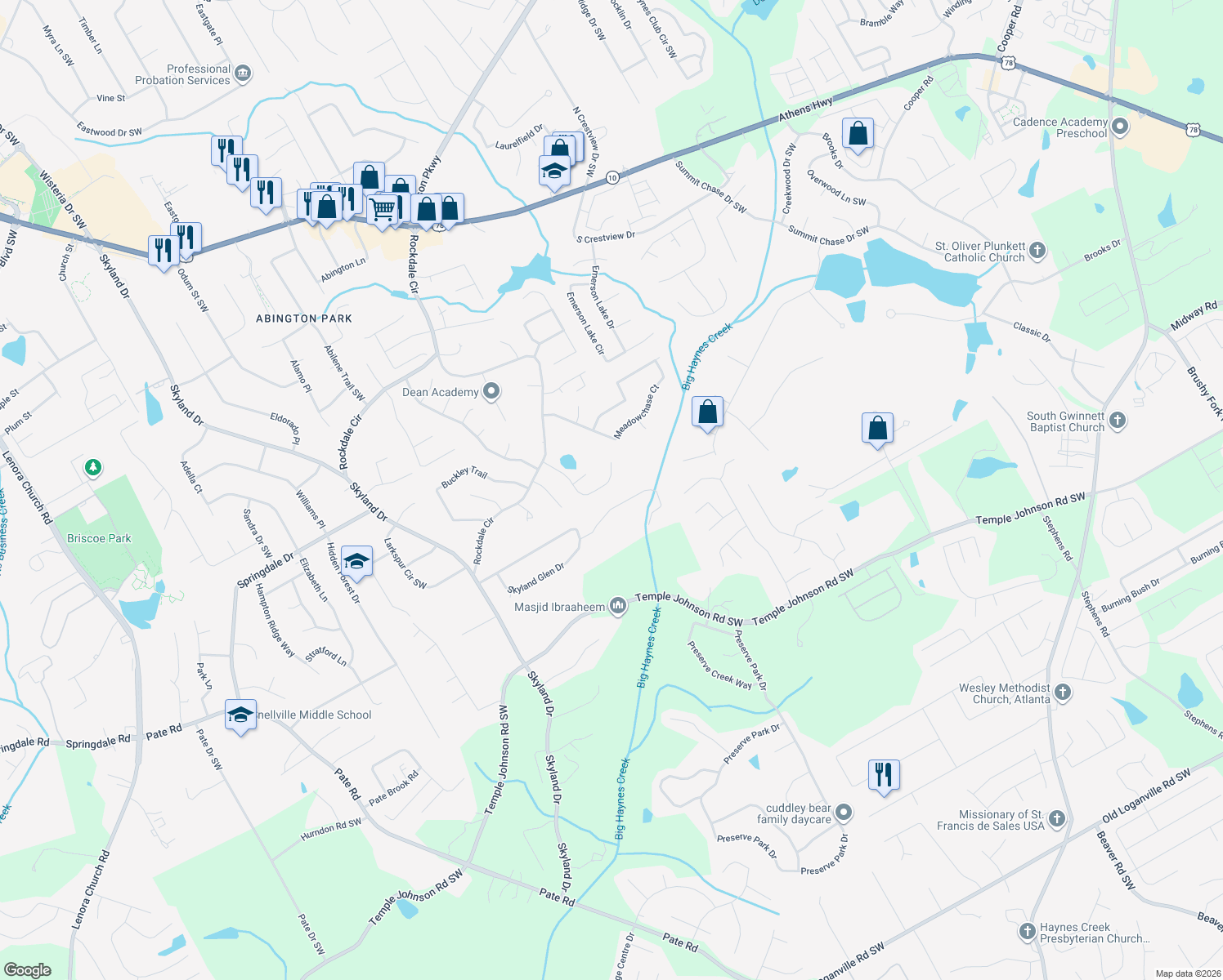 map of restaurants, bars, coffee shops, grocery stores, and more near 3225 Pond Ridge Trail in Snellville