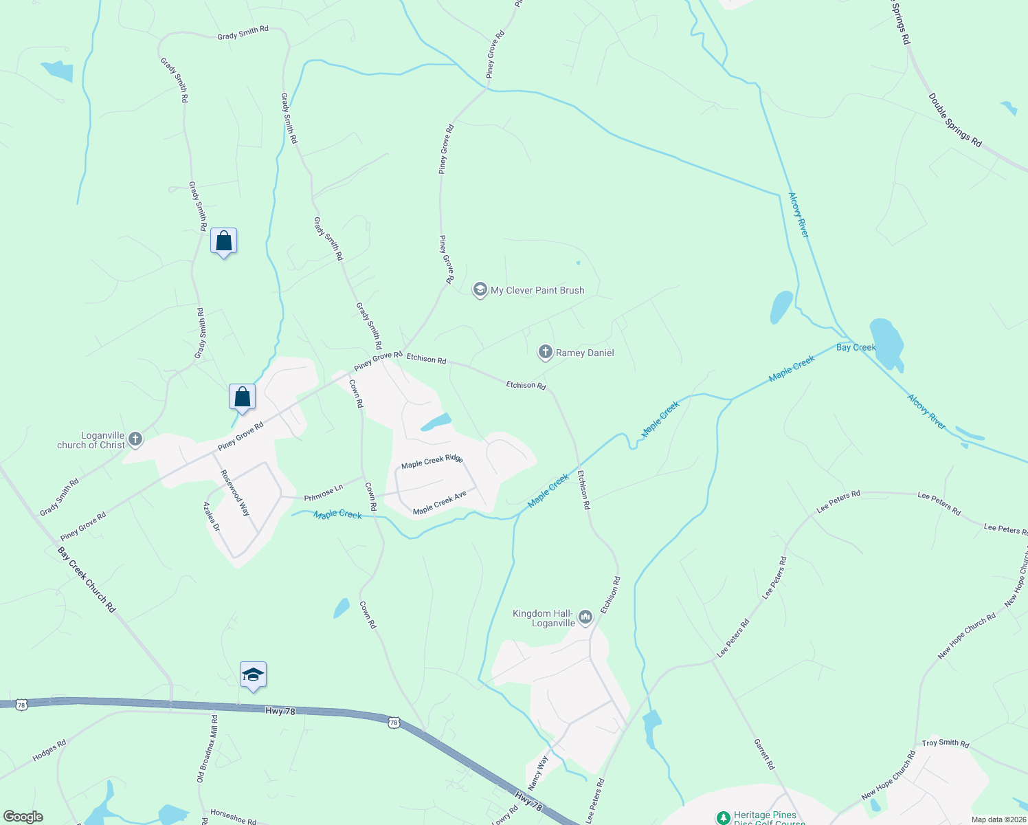 map of restaurants, bars, coffee shops, grocery stores, and more near 3510 Etchison Road in Loganville
