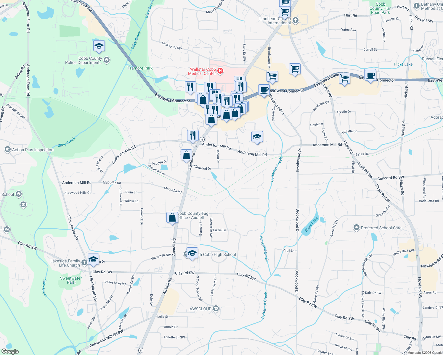 map of restaurants, bars, coffee shops, grocery stores, and more near 4474 Pair Valley Drive in Austell