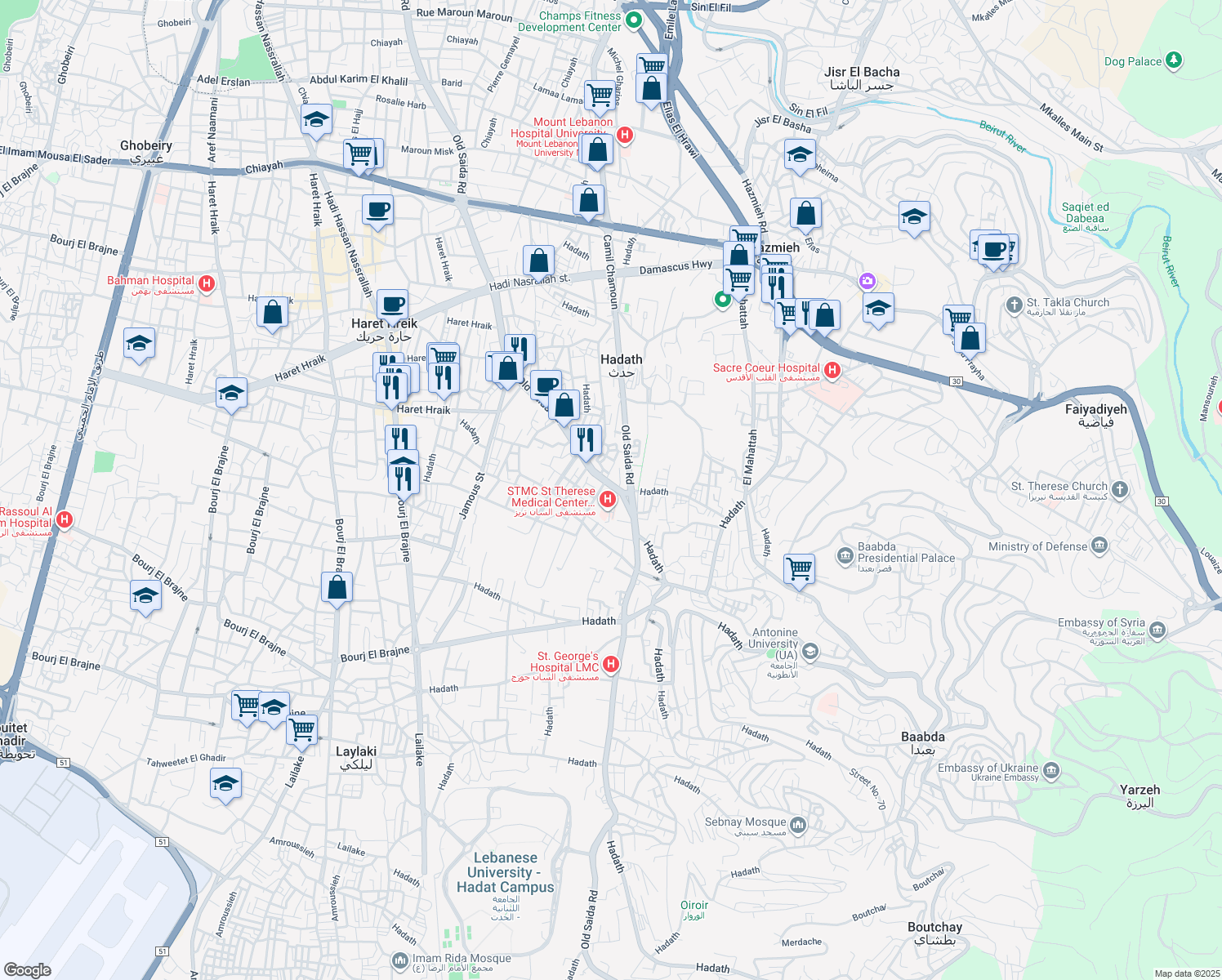 map of restaurants, bars, coffee shops, grocery stores, and more near in Hadath