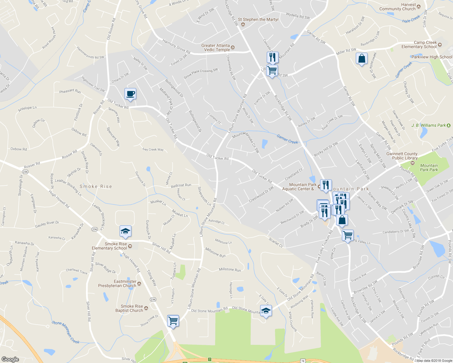 map of restaurants, bars, coffee shops, grocery stores, and more near 5714 James Walk Court in Stone Mountain