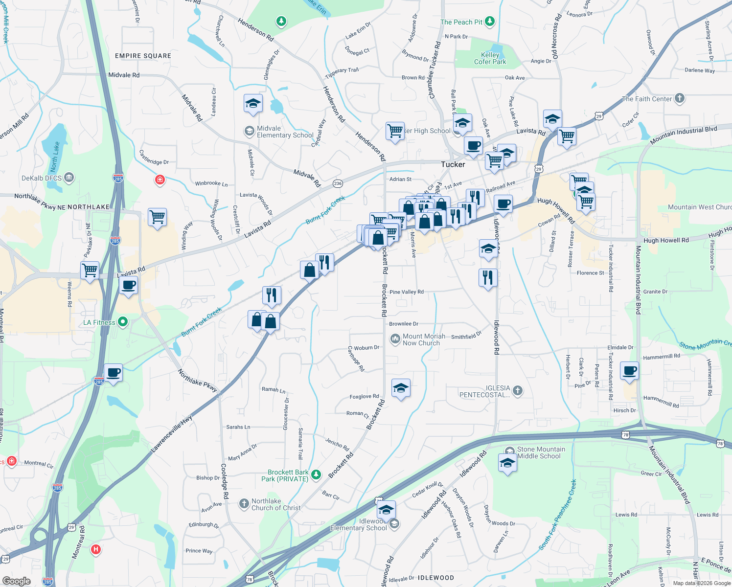 map of restaurants, bars, coffee shops, grocery stores, and more near 3998 Brockett Walk in Tucker