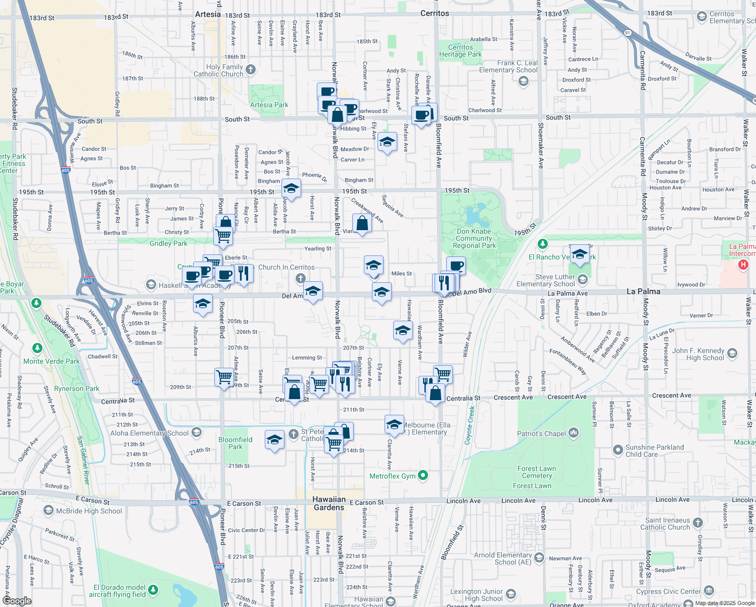 map of restaurants, bars, coffee shops, grocery stores, and more near 12350 Del Amo Boulevard in Lakewood