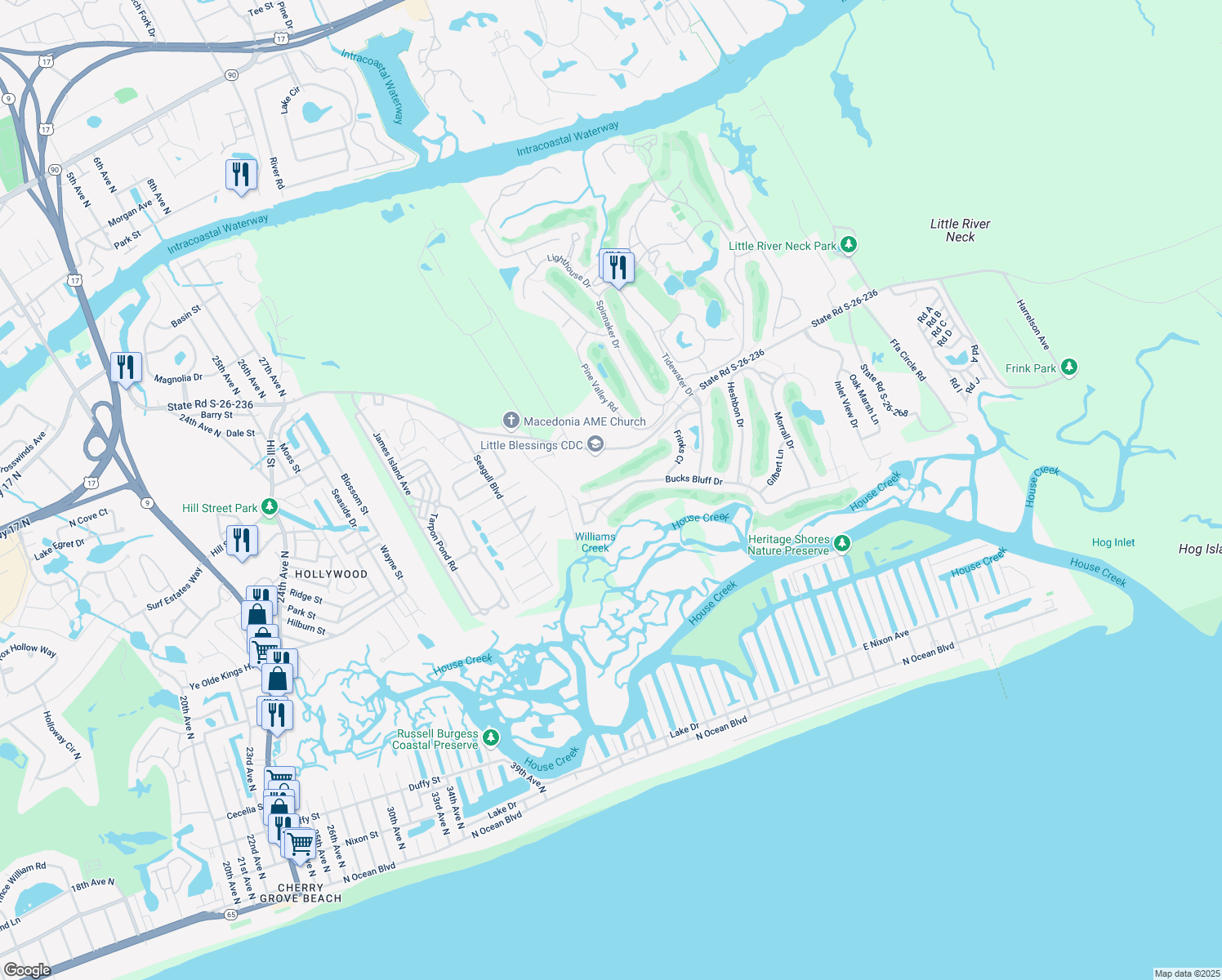 map of restaurants, bars, coffee shops, grocery stores, and more near 4749 Bucks Bluff Drive in North Myrtle Beach