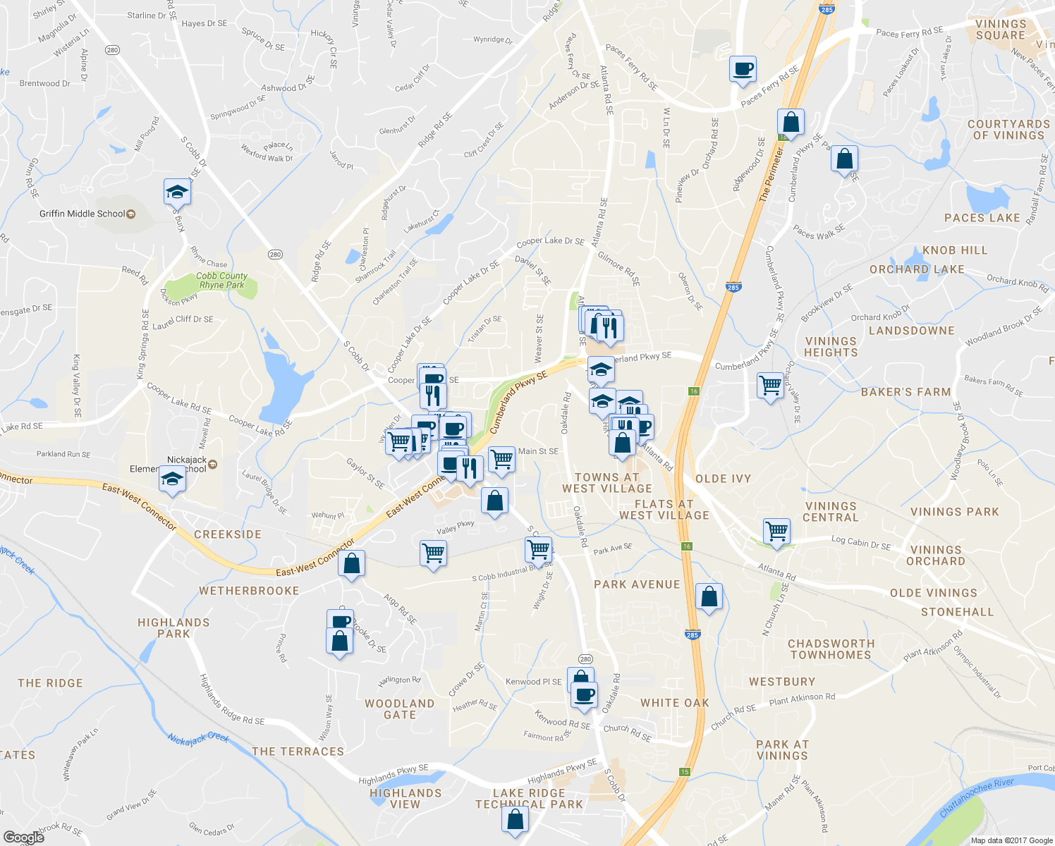 map of restaurants, bars, coffee shops, grocery stores, and more near 4451 Oakdale Vinings Landing SE in Smyrna