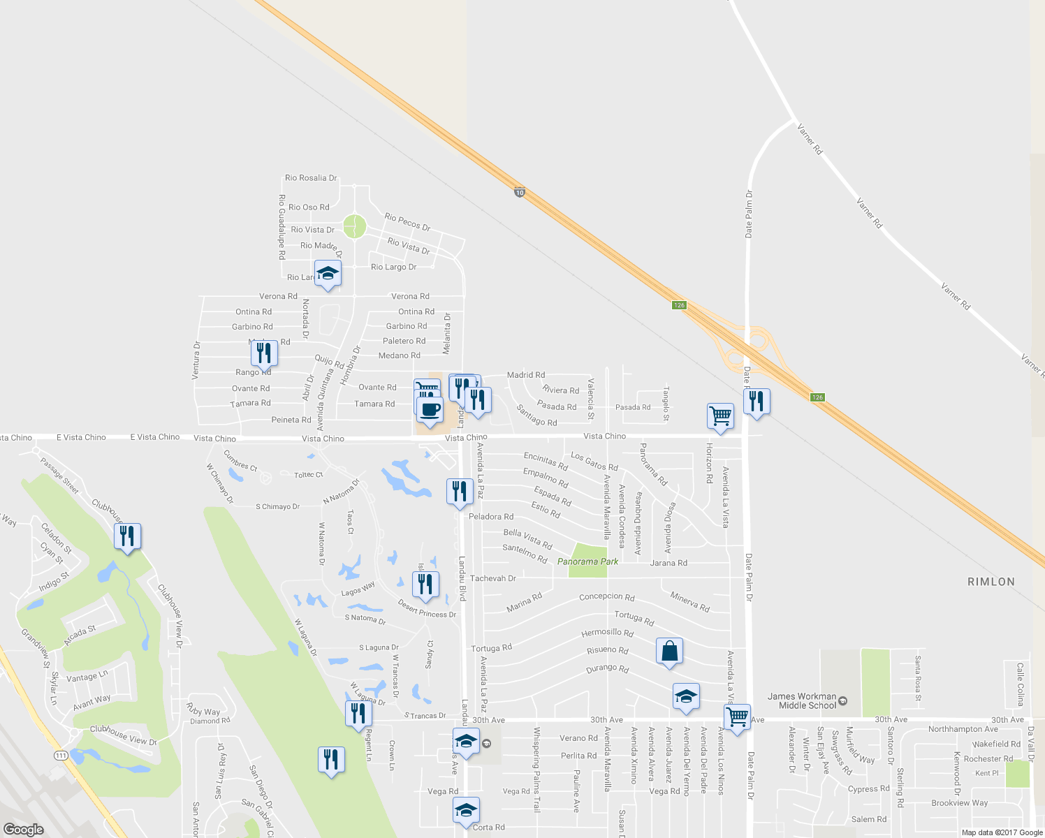 map of restaurants, bars, coffee shops, grocery stores, and more near 27852 San Sebastian Court in Cathedral City