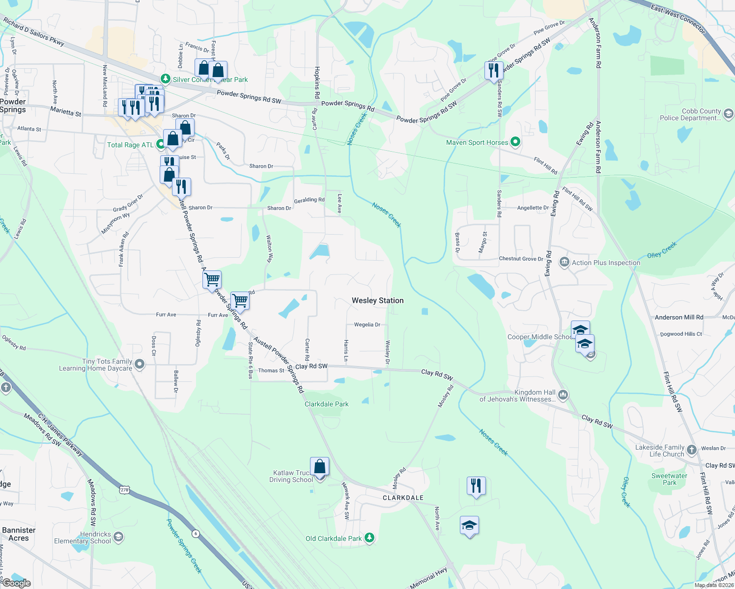 map of restaurants, bars, coffee shops, grocery stores, and more near 4485 Wesley Way in Austell