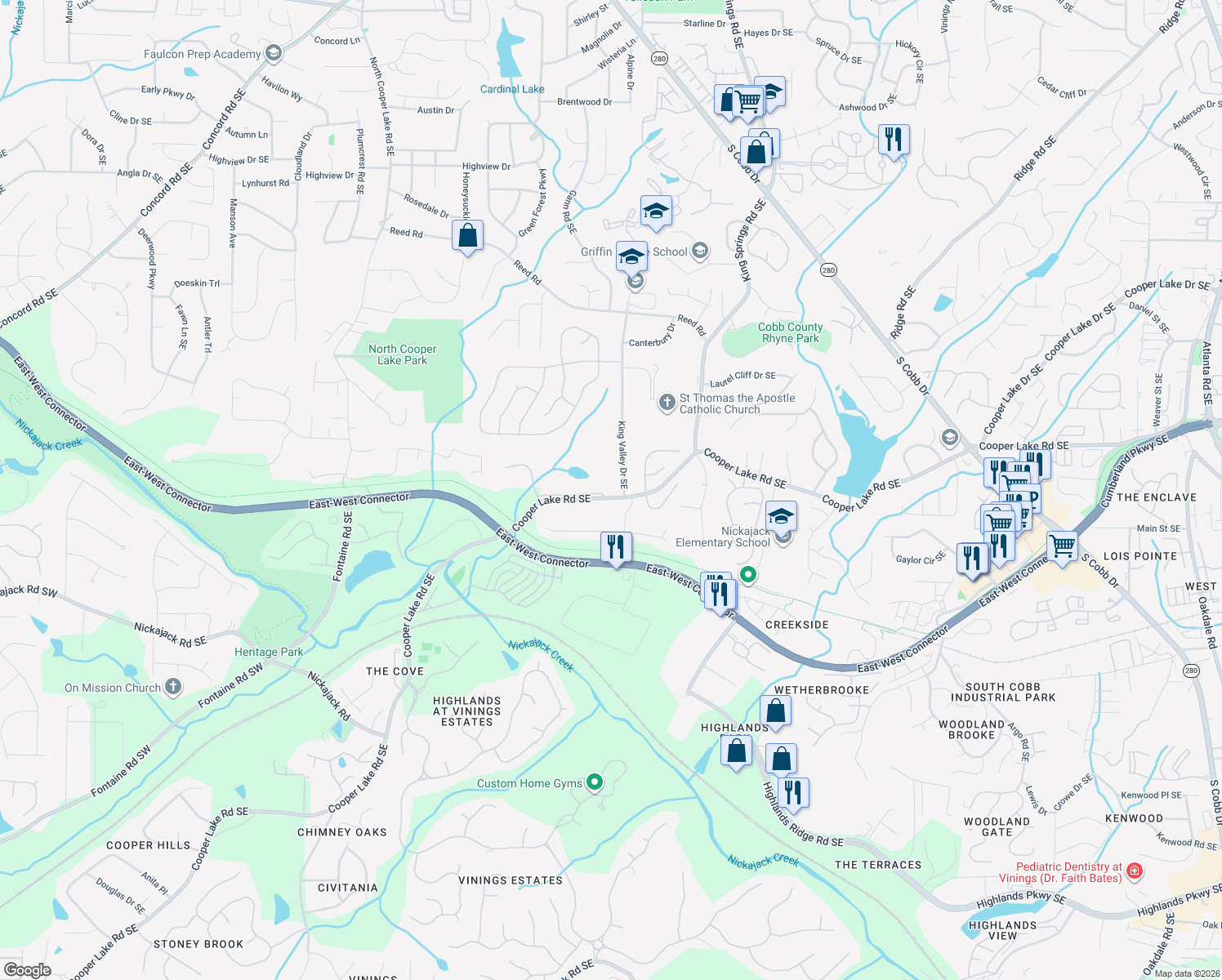 map of restaurants, bars, coffee shops, grocery stores, and more near 1005 Cooper Lake Rd SE in Smyrna