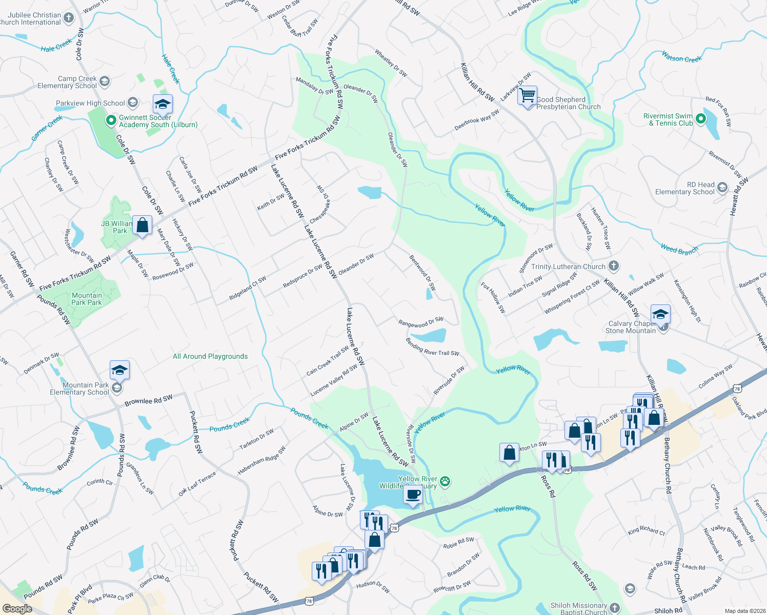 map of restaurants, bars, coffee shops, grocery stores, and more near 1609 Rangewood Dr SW in Lilburn