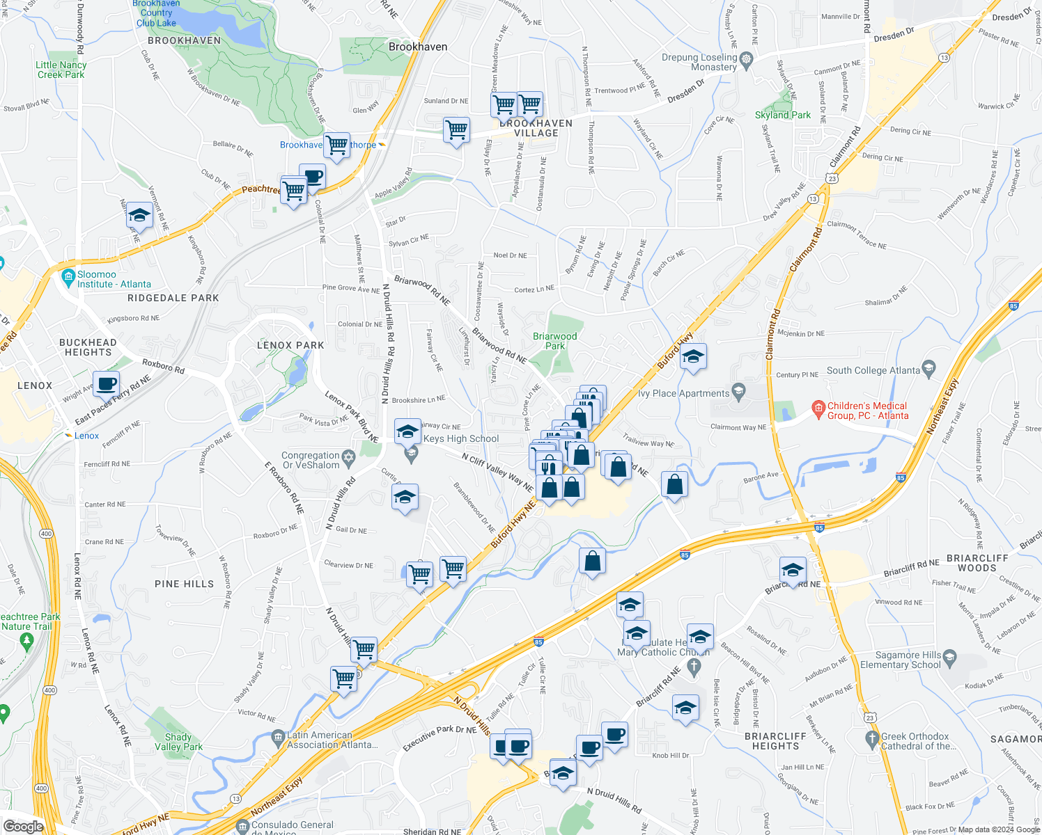map of restaurants, bars, coffee shops, grocery stores, and more near 1374 Doublegate Drive in Brookhaven