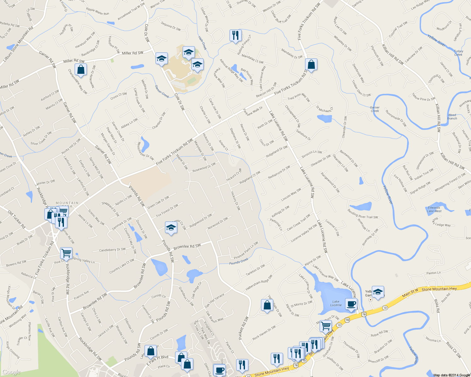 map of restaurants, bars, coffee shops, grocery stores, and more near 1439 Ridgeland Court Southwest in Lilburn