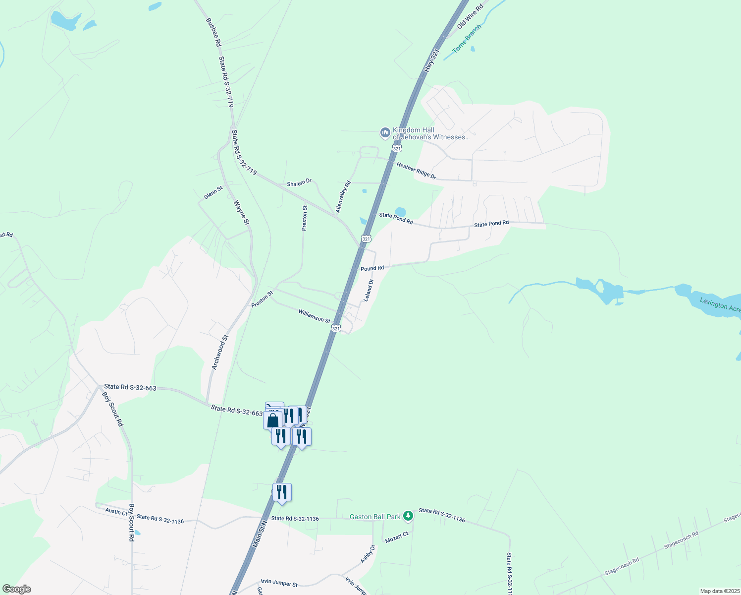 map of restaurants, bars, coffee shops, grocery stores, and more near 229 Leland Drive in Gaston