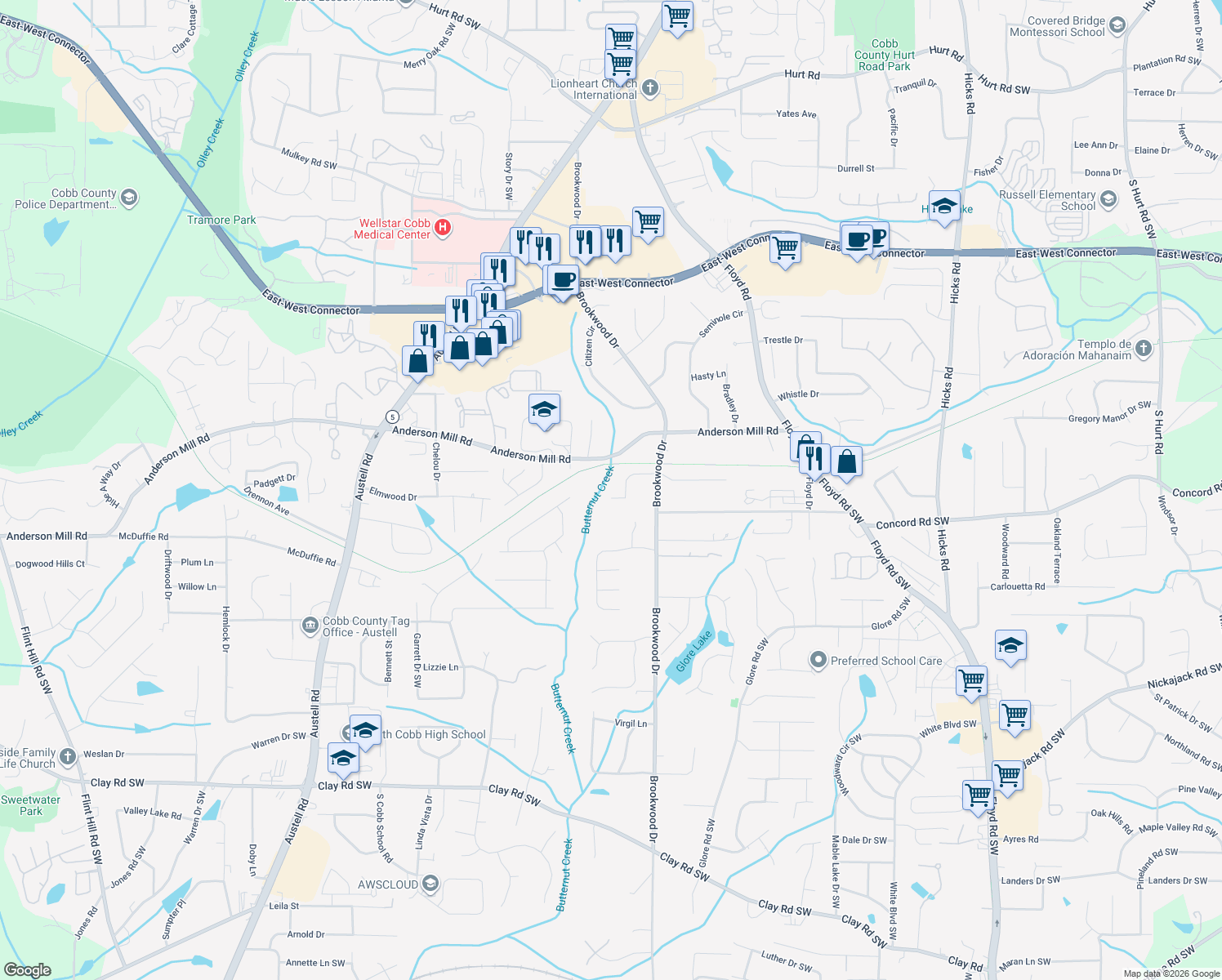 map of restaurants, bars, coffee shops, grocery stores, and more near 1384 Silvergate Dr in Mableton