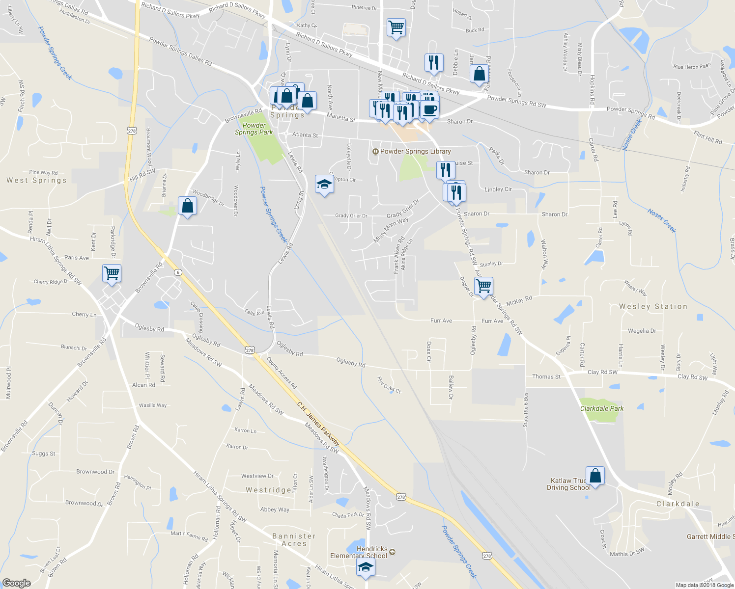 map of restaurants, bars, coffee shops, grocery stores, and more near 4334 Starboard Drive in Powder Springs