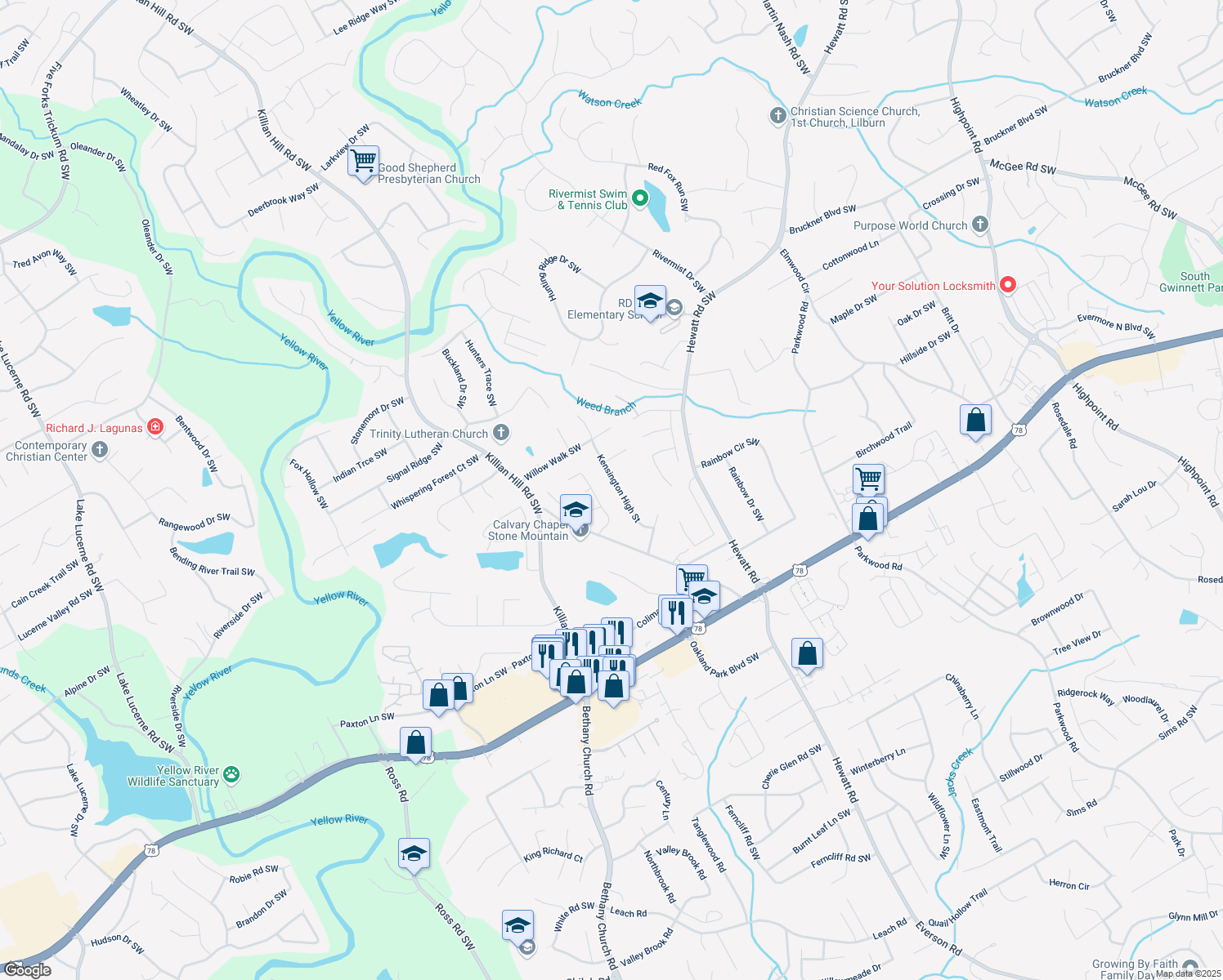map of restaurants, bars, coffee shops, grocery stores, and more near 1947 Kensington High Street in Lilburn