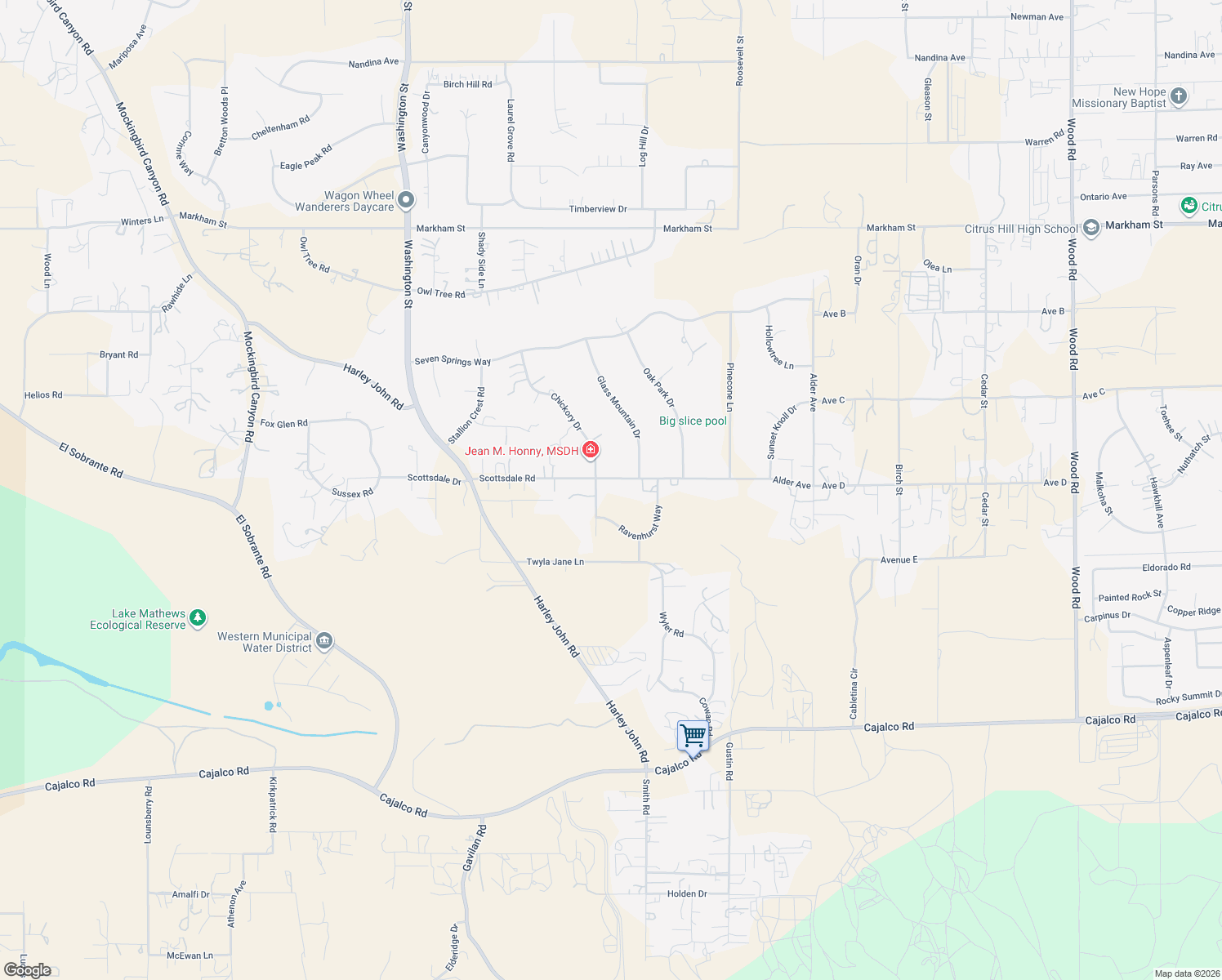 map of restaurants, bars, coffee shops, grocery stores, and more near 18953 Ravenhurst Way in Riverside