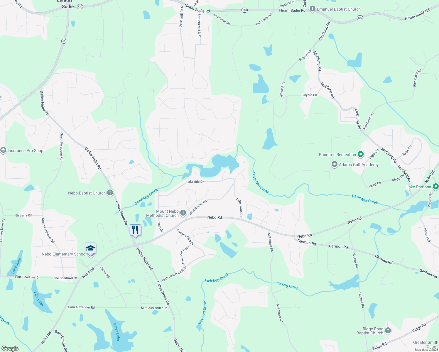 map of restaurants, bars, coffee shops, grocery stores, and more near 25 Clay Court in Hiram