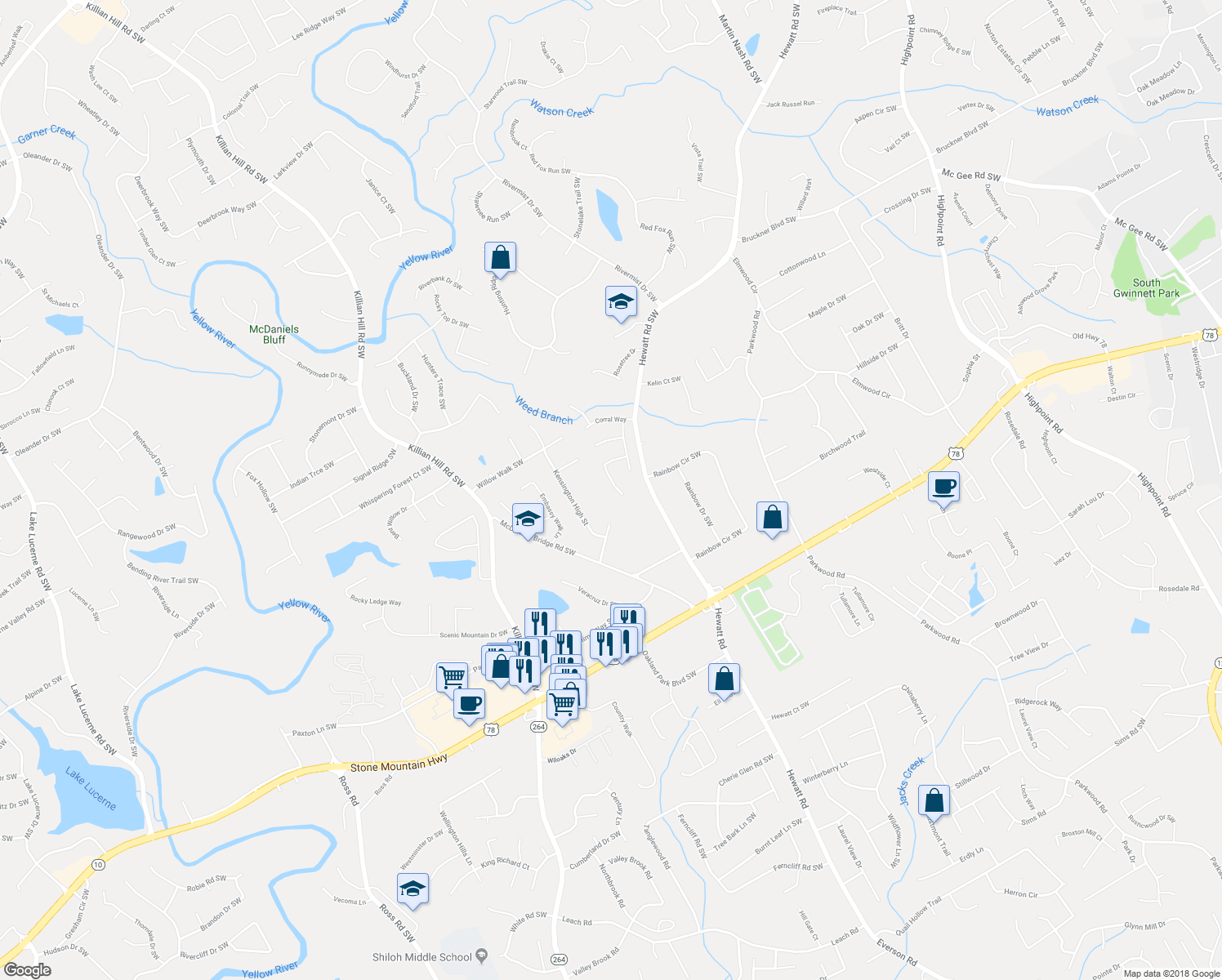 map of restaurants, bars, coffee shops, grocery stores, and more near 3837 Summer Kitchen Way in Lilburn