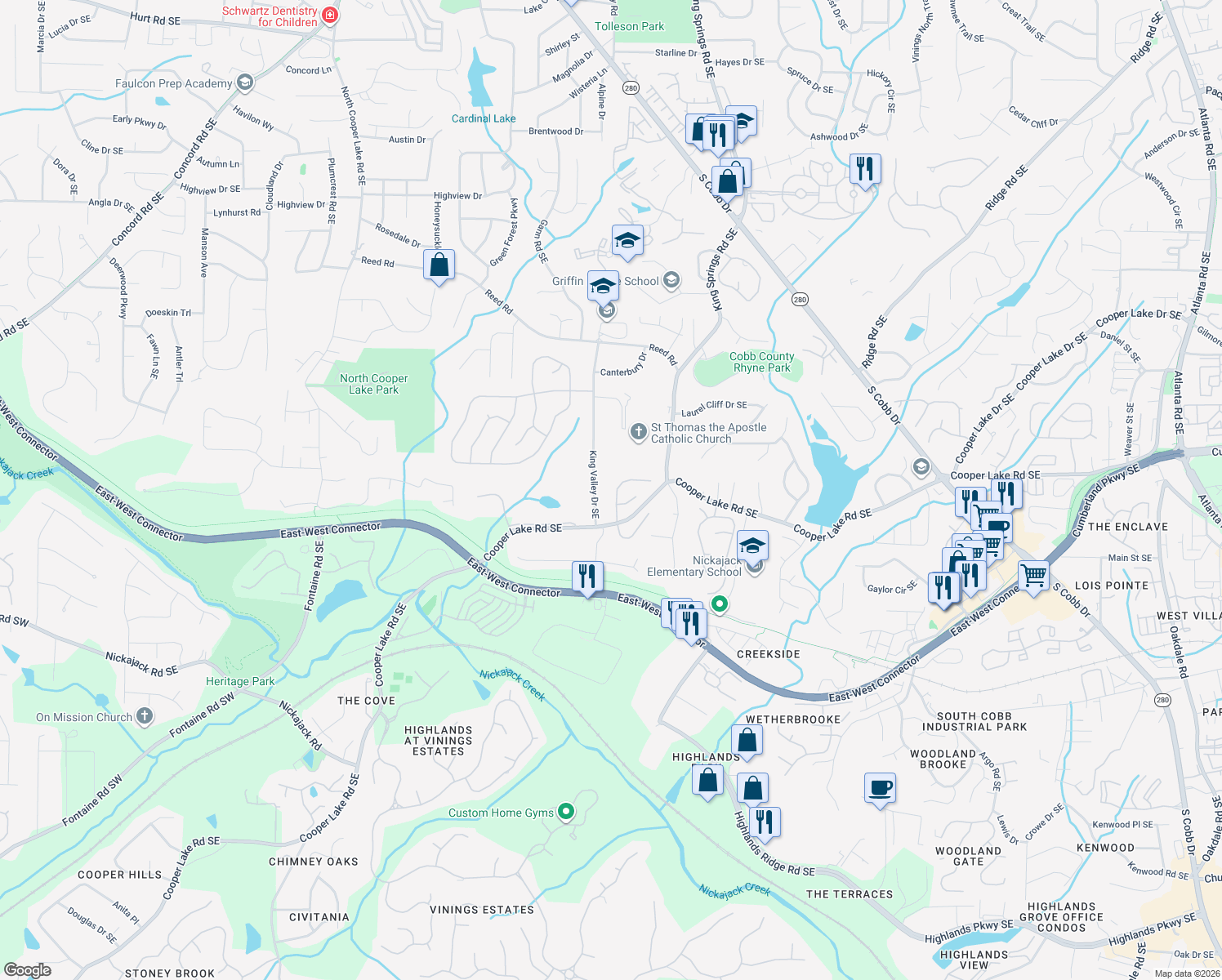 map of restaurants, bars, coffee shops, grocery stores, and more near 4372 Cooper Oaks Drive Southeast in Smyrna