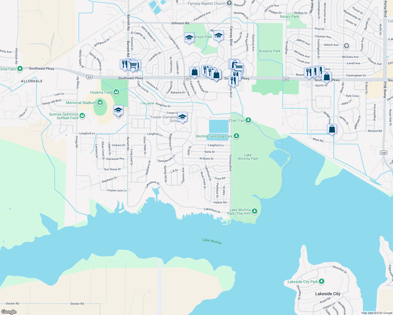 map of restaurants, bars, coffee shops, grocery stores, and more near 4710 North Shore Drive in Wichita Falls