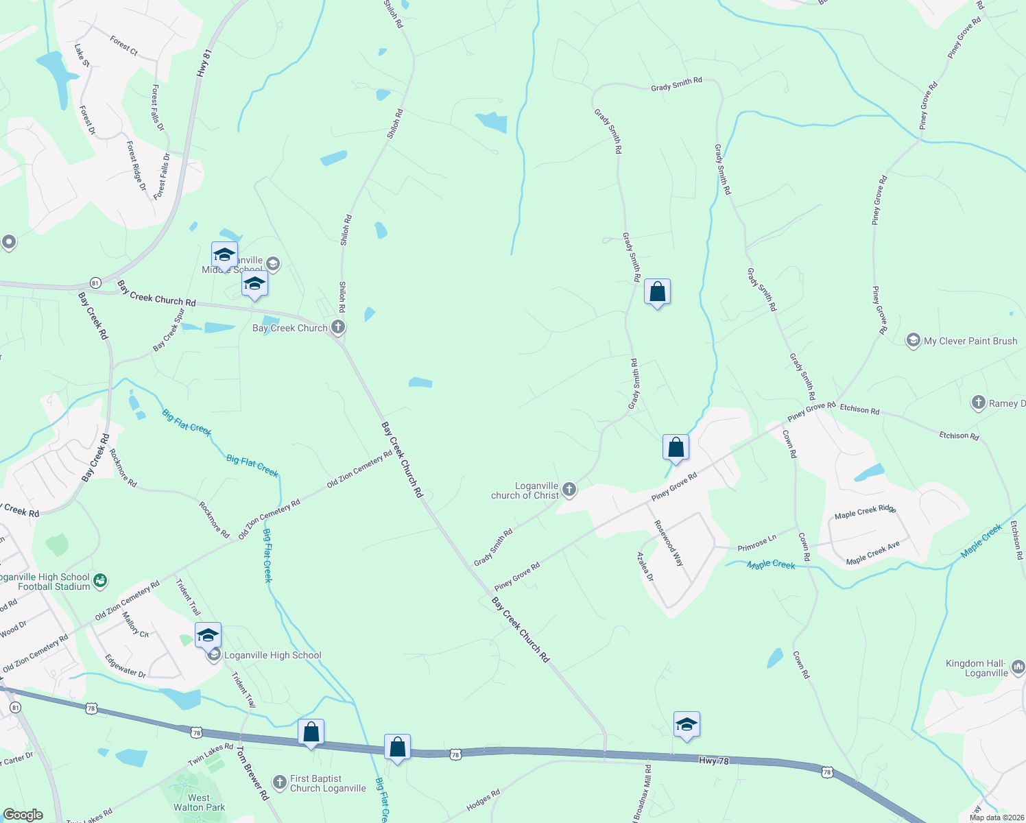 map of restaurants, bars, coffee shops, grocery stores, and more near 3185 Oak Ridge Lane in Loganville