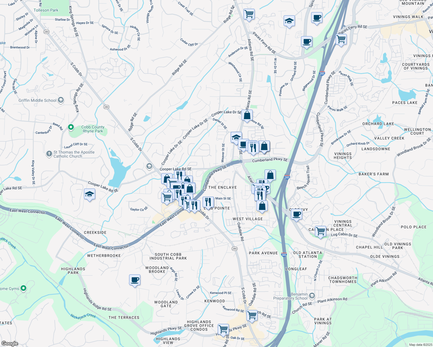 map of restaurants, bars, coffee shops, grocery stores, and more near 4377 Arlene Drive in Smyrna