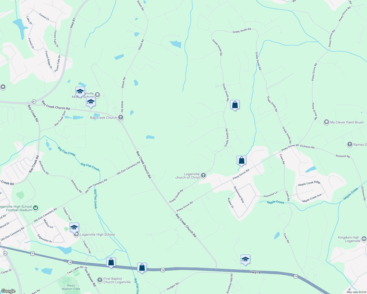 map of restaurants, bars, coffee shops, grocery stores, and more near 3185 Oak Ridge Lane in Loganville