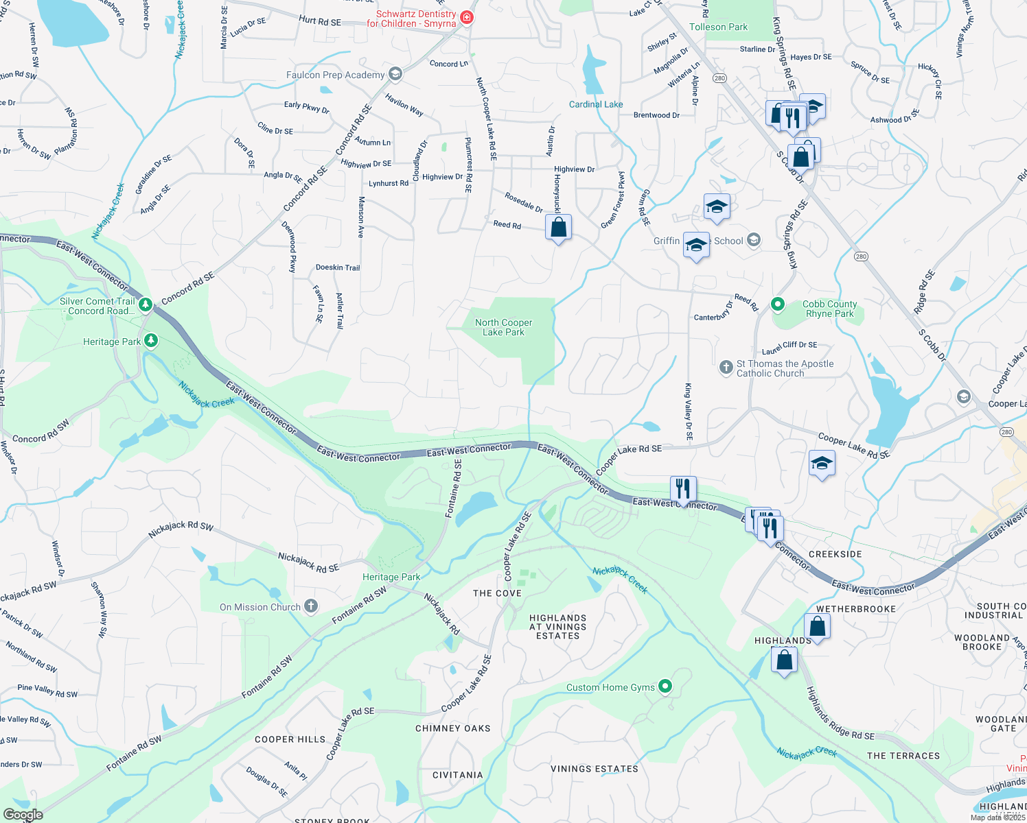 map of restaurants, bars, coffee shops, grocery stores, and more near 4540 Saddle Court in Smyrna