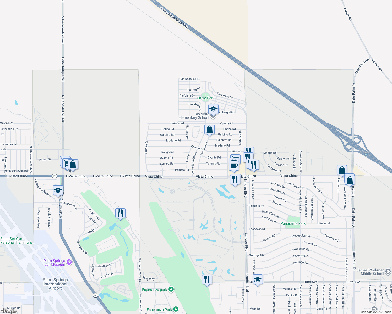 map of restaurants, bars, coffee shops, grocery stores, and more near 27620 Avenida Quintana in Cathedral City