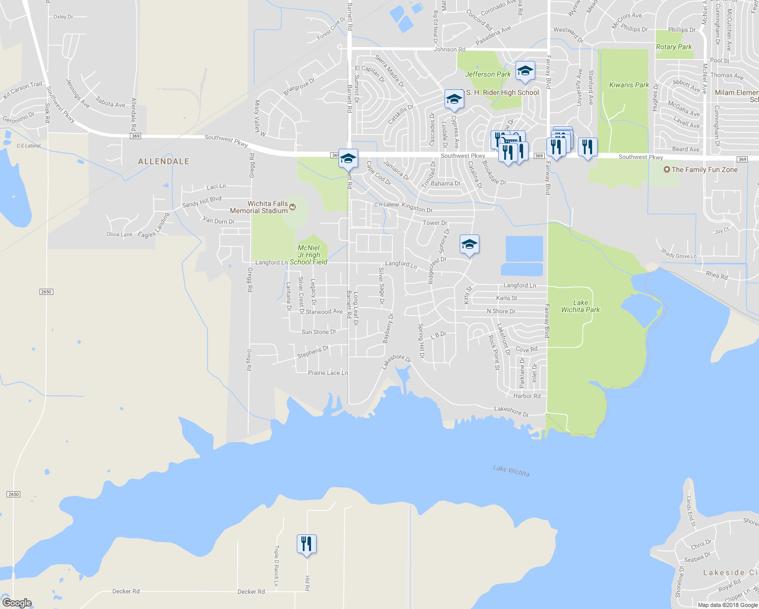 map of restaurants, bars, coffee shops, grocery stores, and more near 5310 Spindletree Drive in Wichita Falls