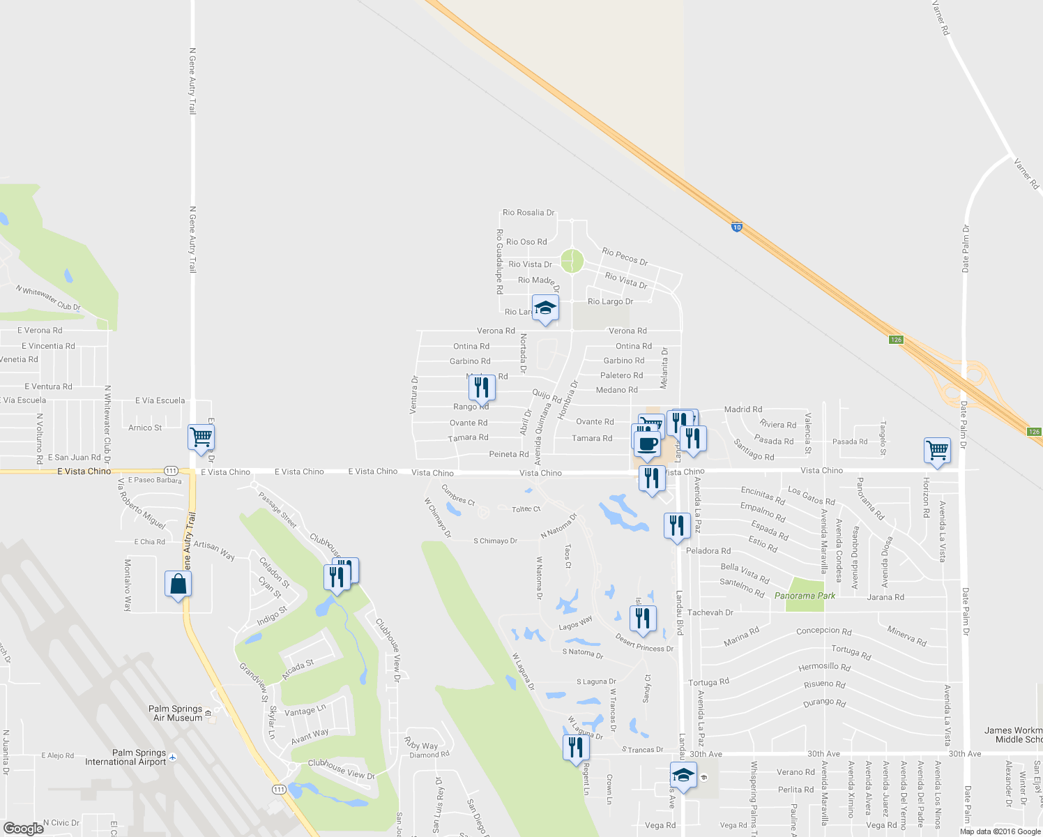 map of restaurants, bars, coffee shops, grocery stores, and more near 27651 Abril Drive in Cathedral City