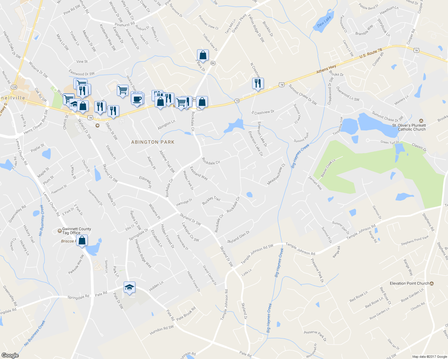 map of restaurants, bars, coffee shops, grocery stores, and more near 2975 Flintrock Way in Snellville